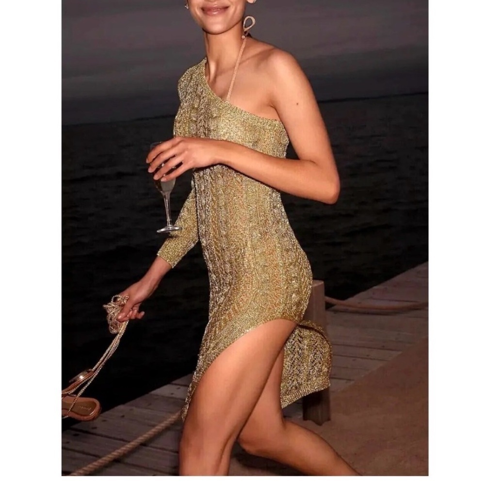 NWT Anthropologie Maeve Gold One Shoulder Knif Coverup Dress One Size